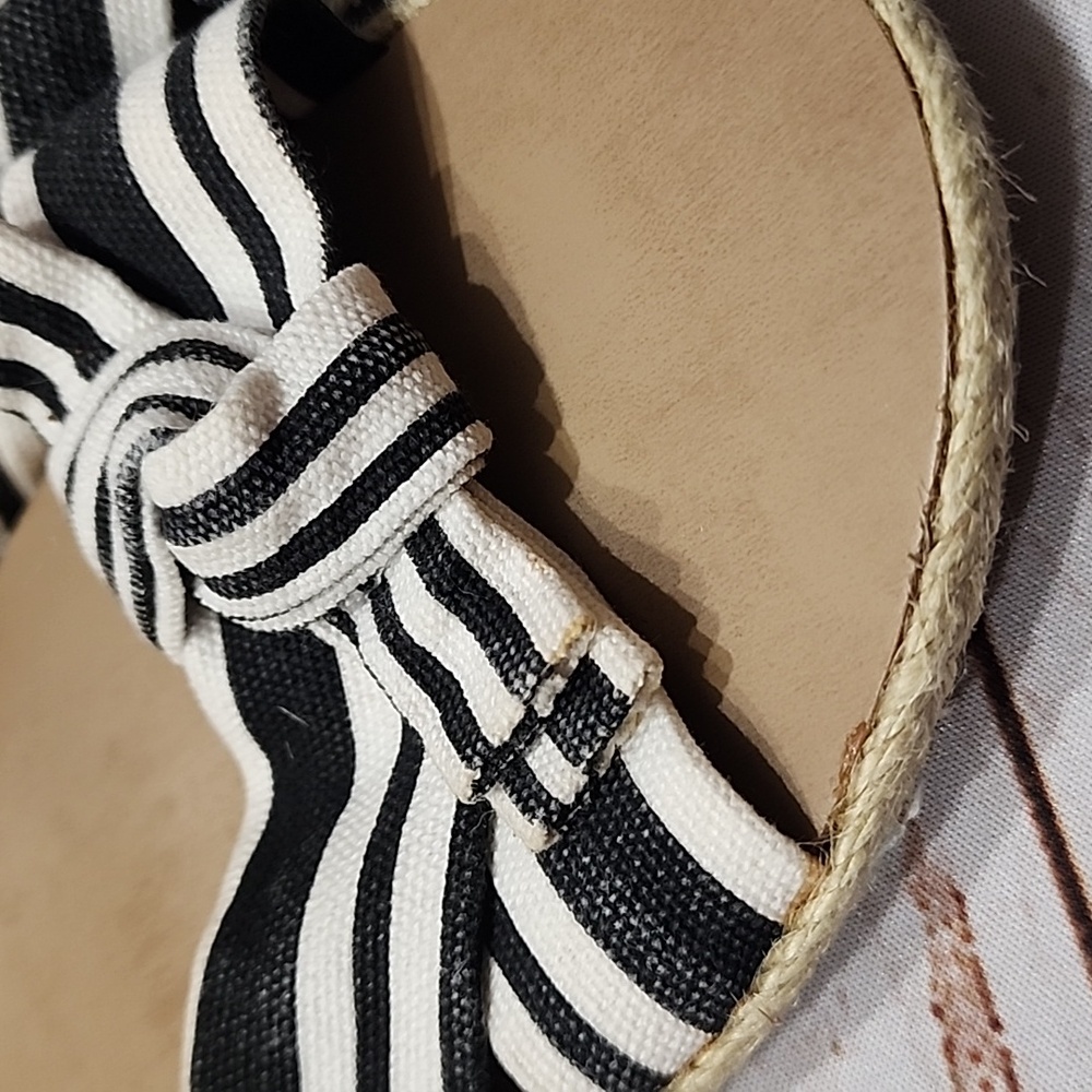 MRKT open-toe casual espadrille sandals black white striped fabric jute sole 9 - Picture 8 of 8